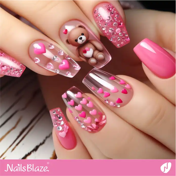 Clear and Pink Glossy Teddy Bear Nails | Valentine Nails - NB2423